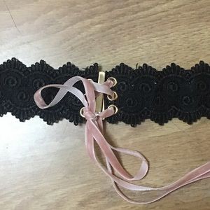 Pink ribbon lace choker